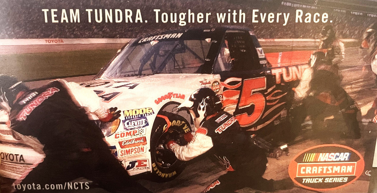 2005 NASCAR Craftsman Truck Series promotional card featuring red number 5 Toyota Tundra with hologram effect and sponsor log