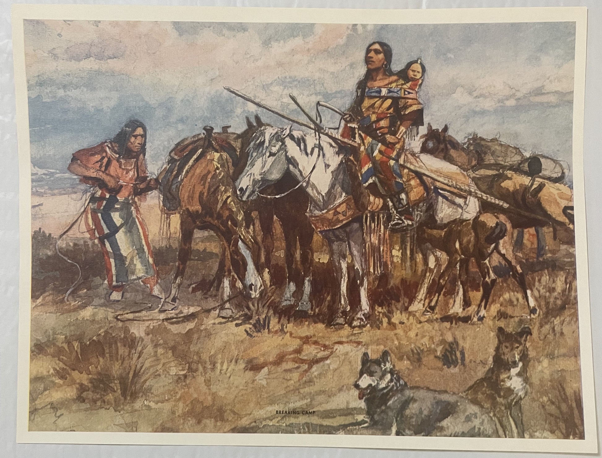 Vintage color art print depicting Native Americans on horseback with dogs and supplies in an open prairie landscape, titled "