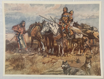 Vintage color art print depicting Native Americans on horseback with dogs and supplies in an open prairie landscape, titled "
