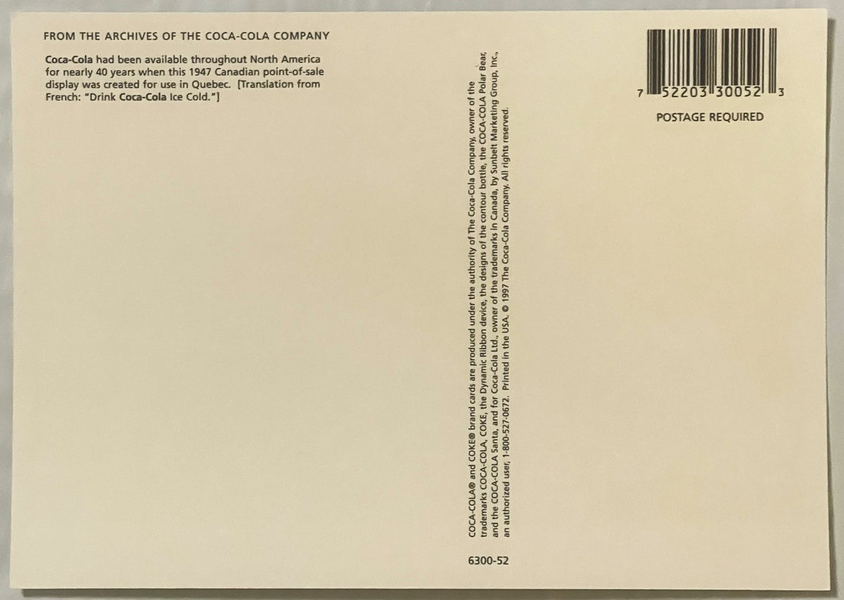 Back of vintage 1947 Coca-Cola postcard from Quebec with French text, barcode, and copyright information printed on cream car