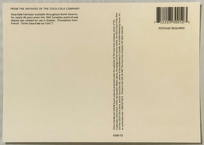 Back of vintage 1947 Coca-Cola postcard from Quebec with French text, barcode, and copyright information printed on cream car