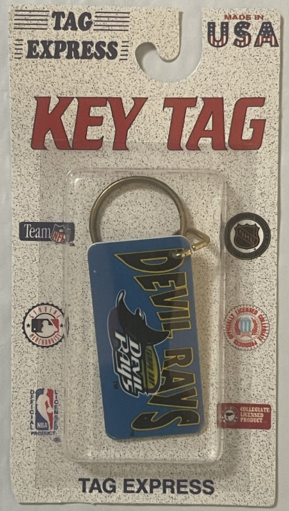 Sealed vintage Tampa Bay Devil Rays keychain on cardboard packaging with MLB logos and "TAG EXPRESS" branding, blue rectangul