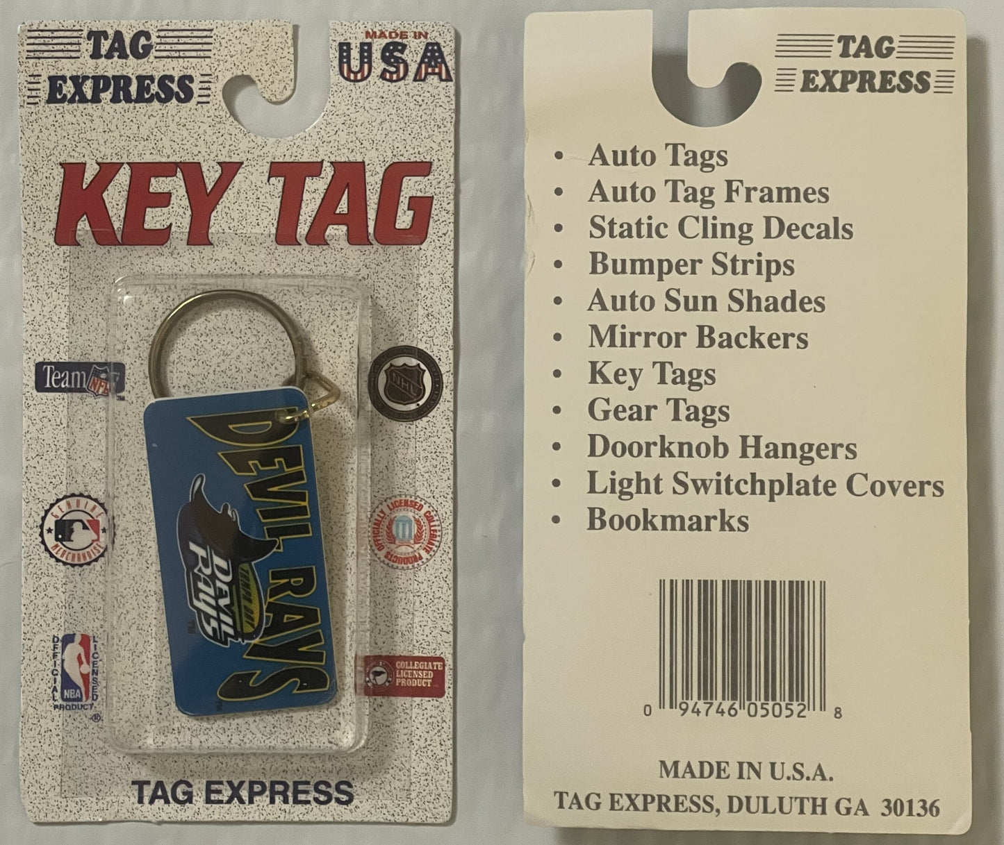 Front and back of sealed 1990s Tampa Bay Devil Rays keychain by Tag Express, showing blue team logo on front and product deta