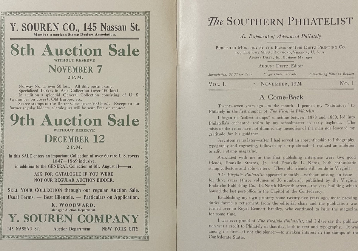 Two open pages from 1924 Southern Philatelist magazine showing auction notices and article text about stamp