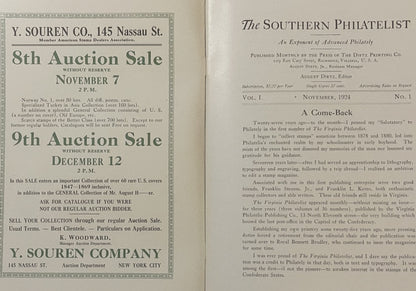 Two open pages from 1924 Southern Philatelist magazine showing auction notices and article text about stamp
