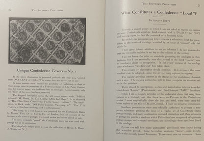 Two-page spread from 1924 The Southern Philatelist showing Confederate stamp covers and article text about local postal issue