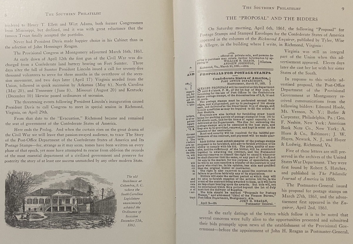 Two open pages from 1924 Southern Philatelist magazine showing text about Confederate postal history and an engraved