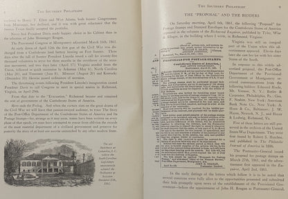 Two open pages from 1924 Southern Philatelist magazine showing text about Confederate postal history and an engraved