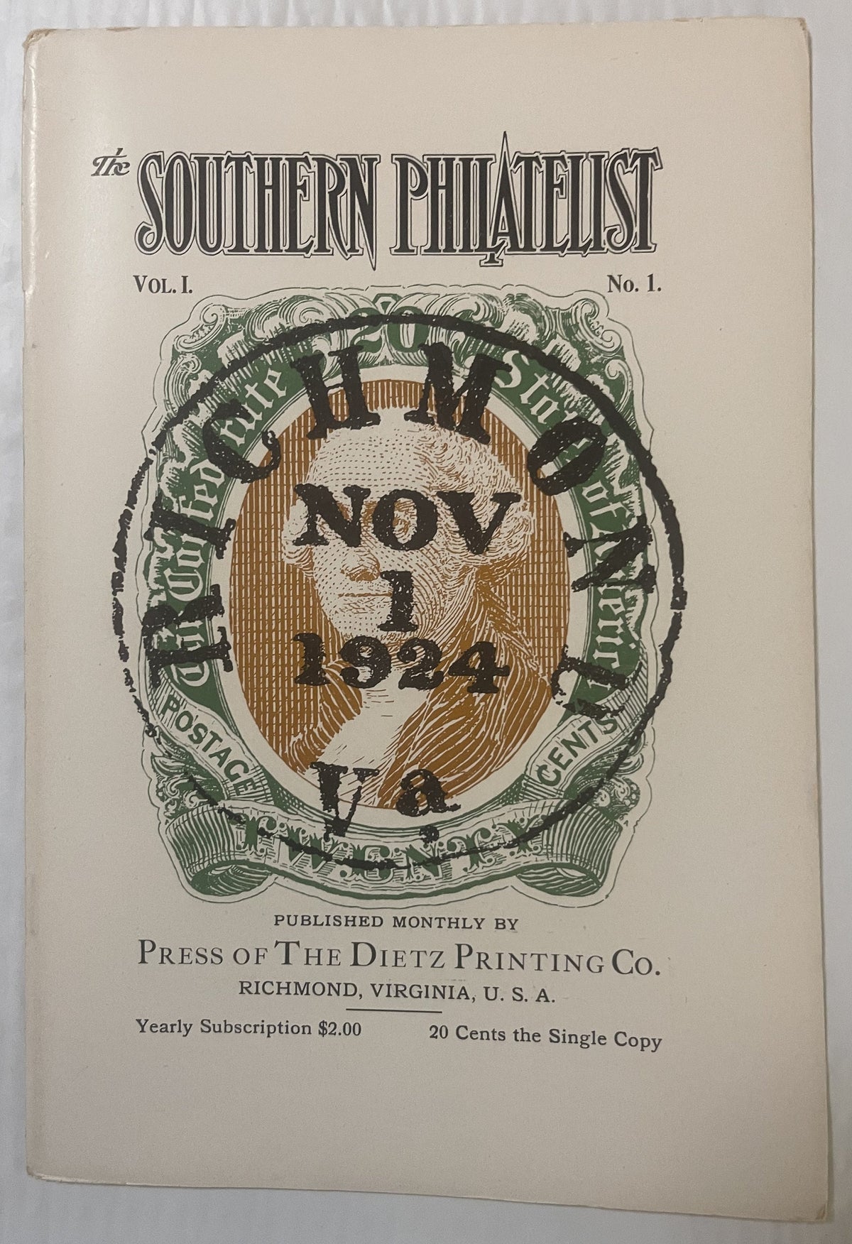 Cover of The Southern Philatelist Vol. I No. 1 from November 1924, featuring a portrait stamp in green and brown with ornate 