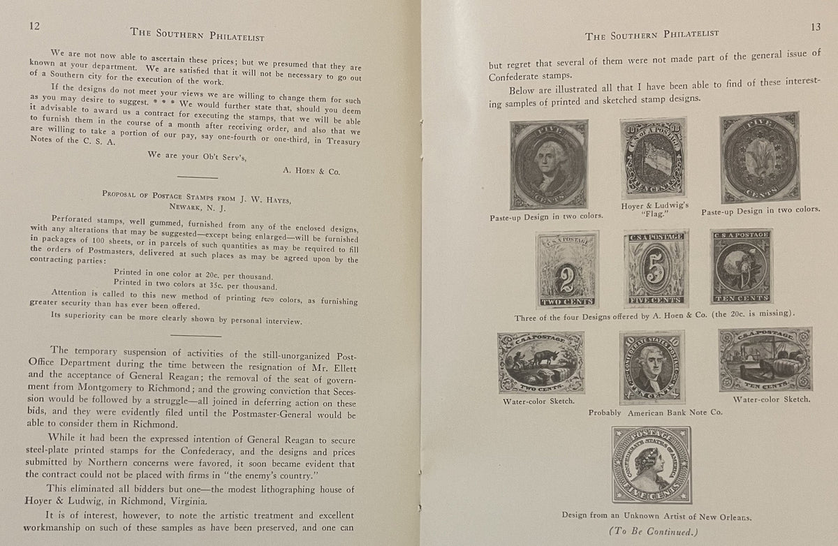 Two pages from 1924 Southern Philatelist showing historical Confederate stamp designs and proposals, with illustrated