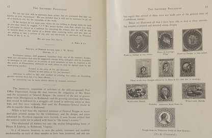 Two pages from 1924 Southern Philatelist showing historical Confederate stamp designs and proposals, with illustrated