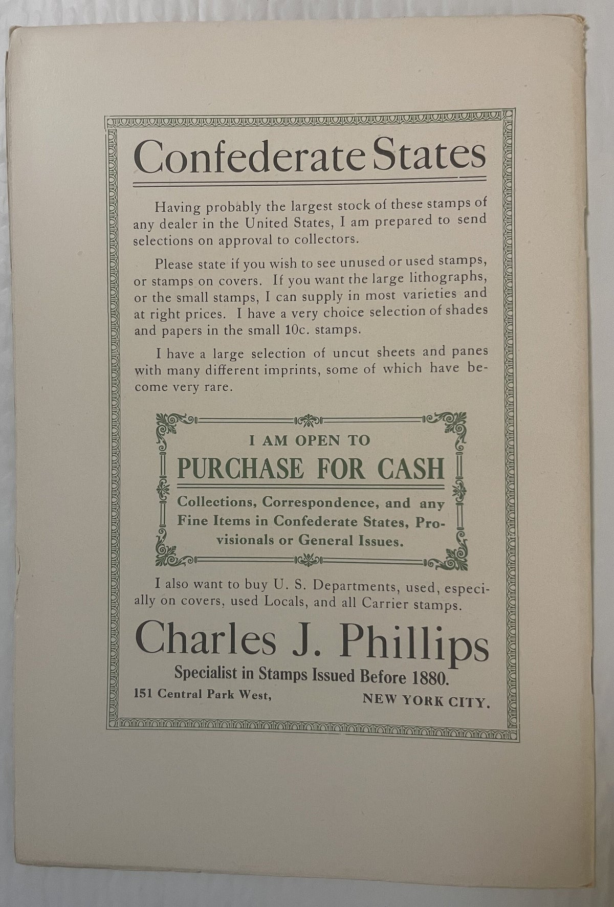 Vintage advertisement page for Charles J. Phillips, stamp dealer in New York City, featuring text about Confederate States st