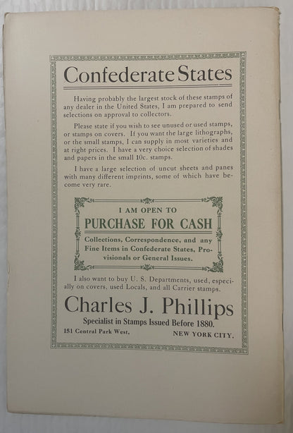 Vintage advertisement page for Charles J. Phillips, stamp dealer in New York City, featuring text about Confederate States st
