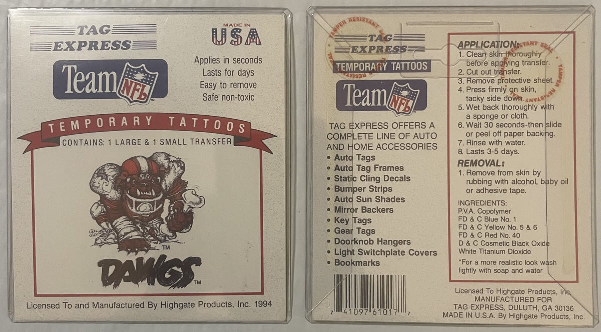Front and back packaging of vintage 1994 Cleveland Browns Dawg Pound temporary tattoos by TAG Express, showing application an