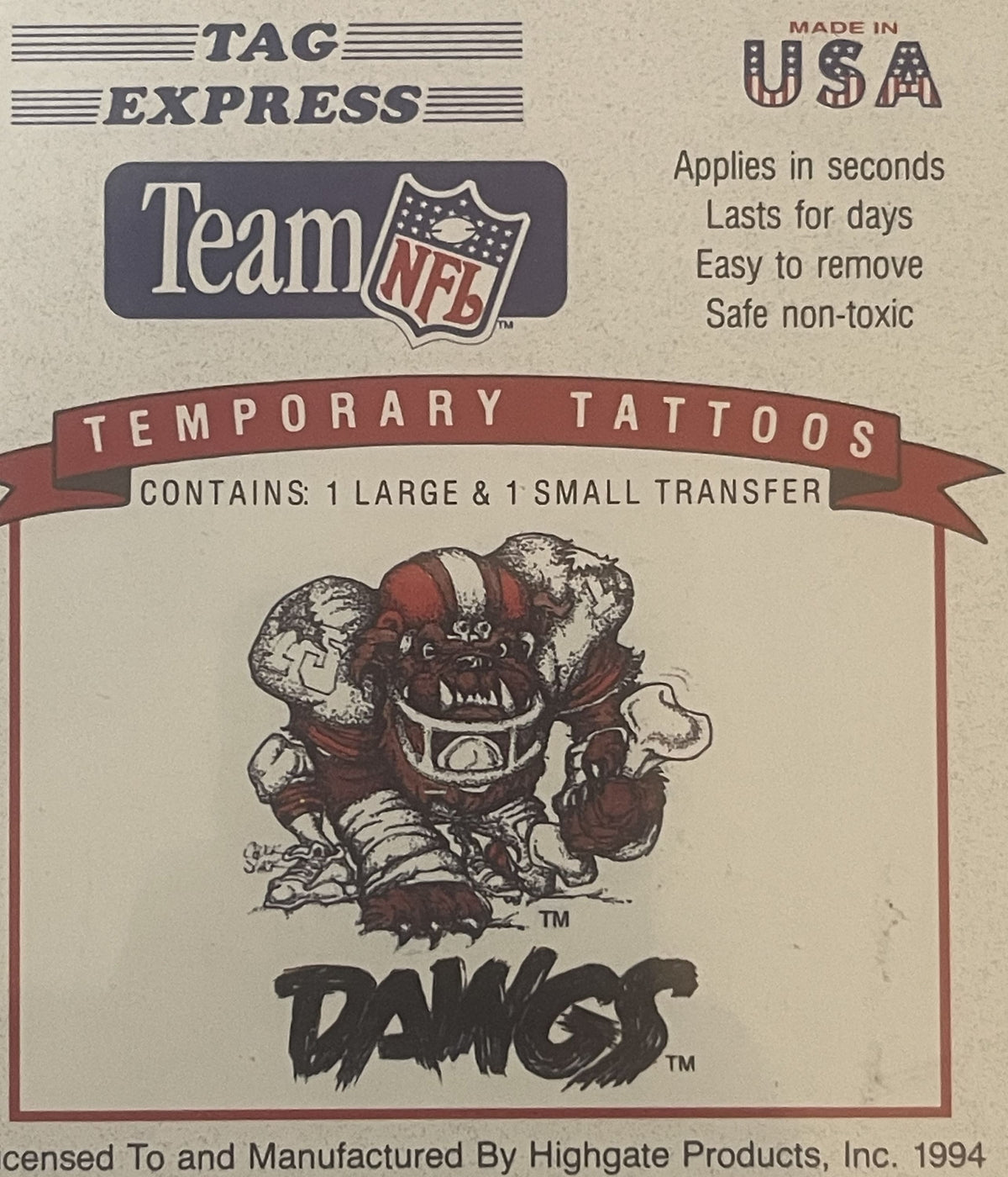 Vintage 1994 Cleveland Browns Dawg Pound temporary tattoo package with fierce dog mascot illustration and NFL branding on tan