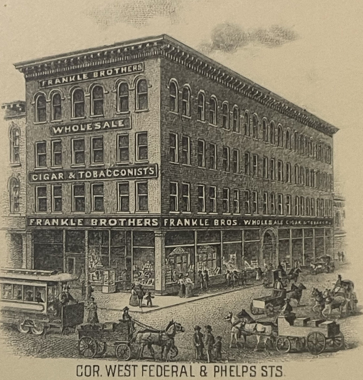 Sepia-toned engraving of a four-story brick building labeled "Frankle Brothers Wholesale Cigar & Tobacconists" at corner West