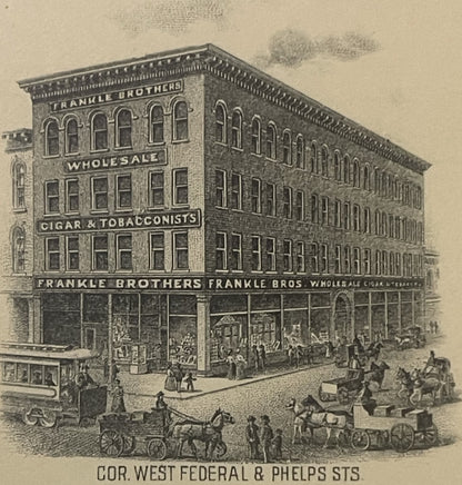 Sepia-toned engraving of a four-story brick building labeled "Frankle Brothers Wholesale Cigar & Tobacconists" at corner West