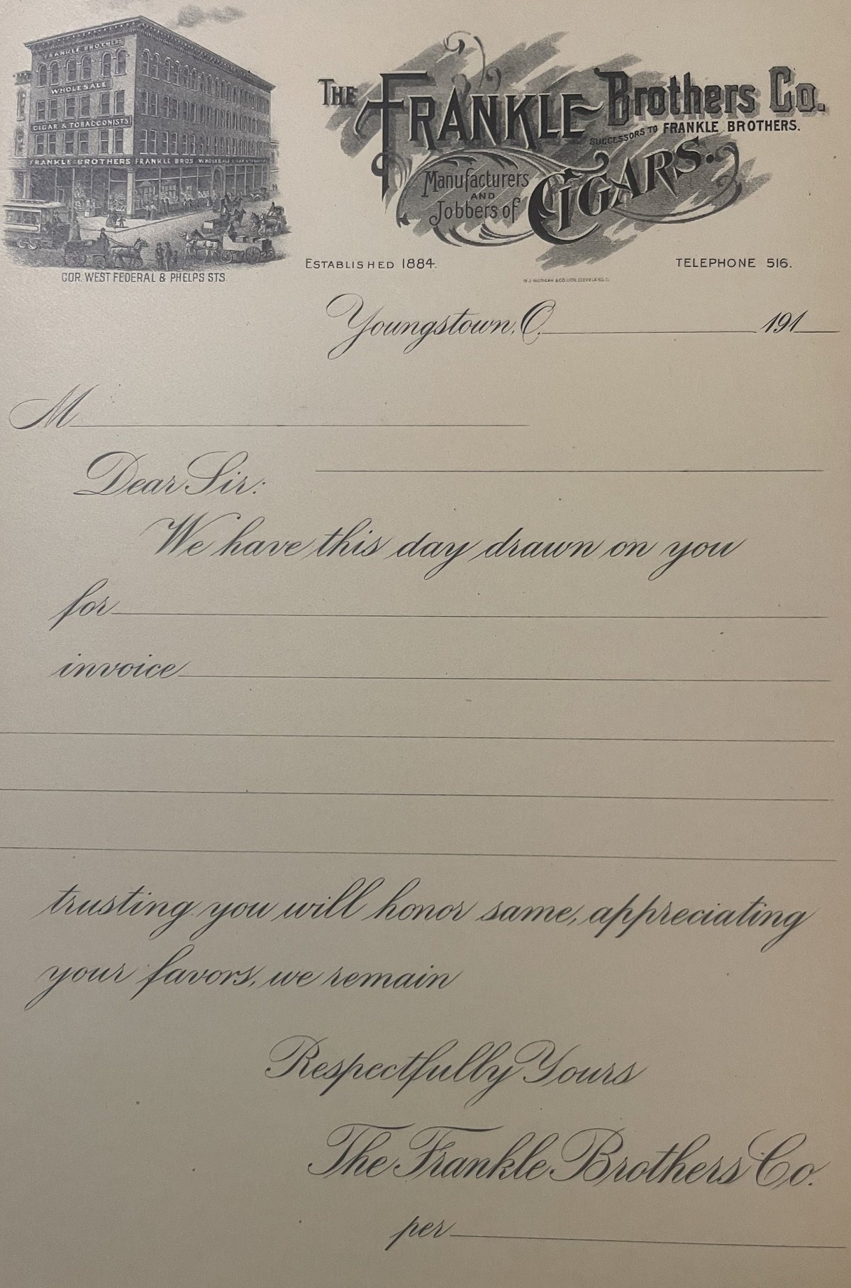 Antique letterhead from Frankle Brothers cigar manufacturer in Youngstown, Ohio, featuring ornate logo and building