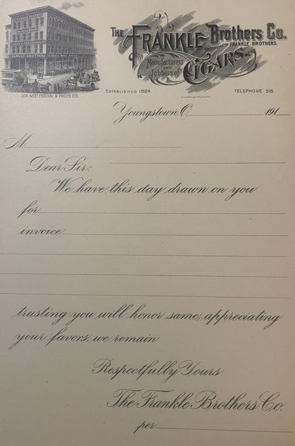 Antique letterhead from Frankle Brothers cigar manufacturer in Youngstown, Ohio, featuring ornate logo and building