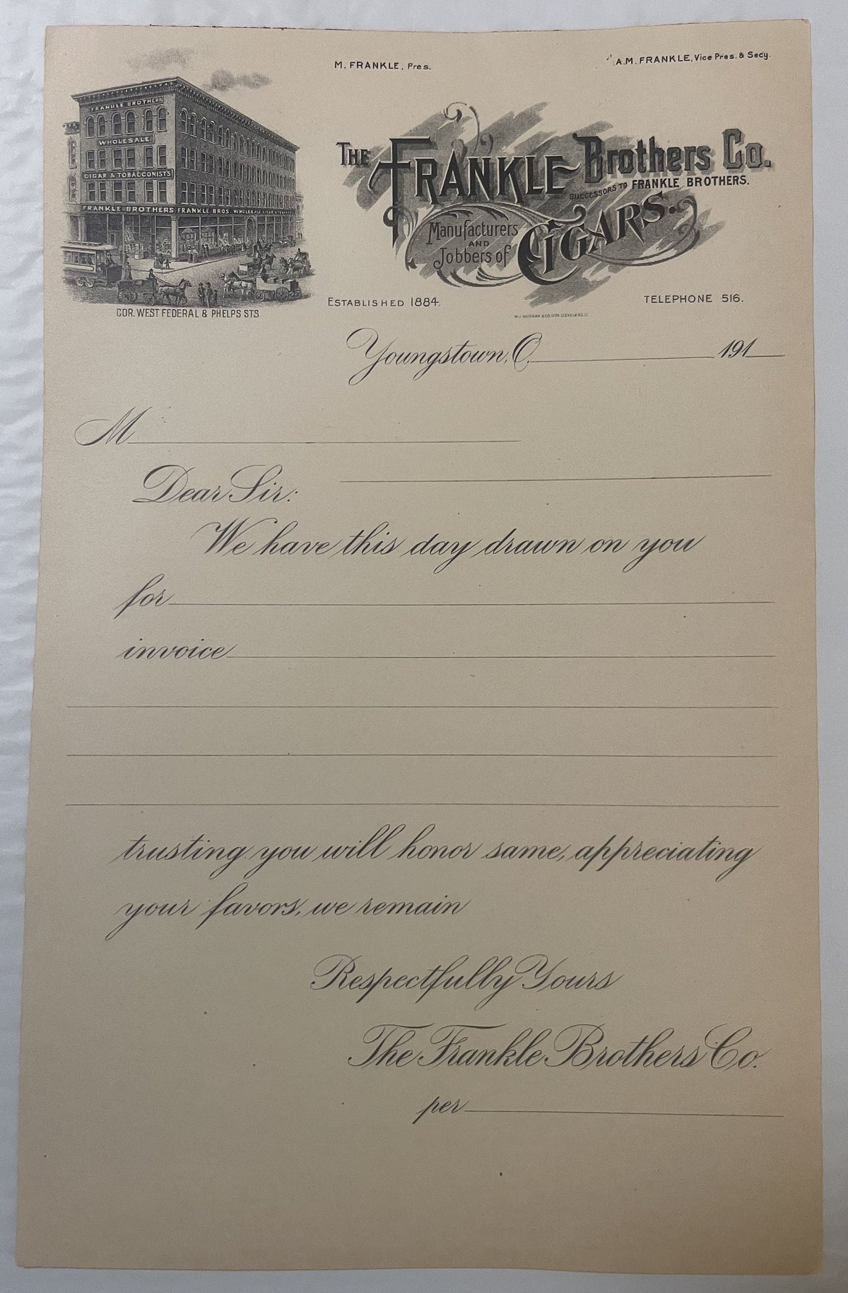 Cream-colored vintage letterhead from Frankle Brothers Co. cigar manufacturers, Youngstown Ohio, featuring ornate company log