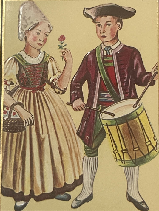 Antique Gold Embossed Label 1910s-1920s Pennsylvania Dutch Colonial Couple Drummer Flower Basket Folk Art Chromolithograph NOS Ephemera 🥃
