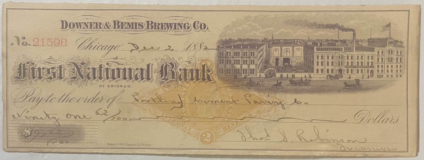 Antique bank check from Downer & Bemis Brewing Co., Chicago, dated 1882, with ornate engraving and cityscape vignette, handwr