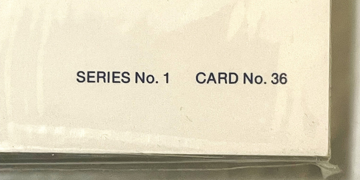 Close-up of cream-colored postcard showing printed text "SERIES No. 1 CARD No. 36