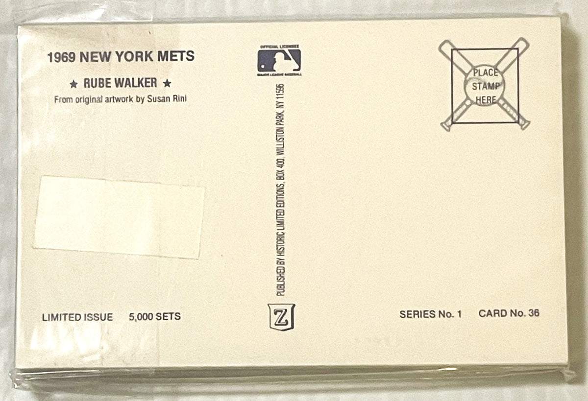 Back of vintage 1969 New York Mets postcard featuring Rube Walker artwork, cream-colored card with official MLB logo and stam