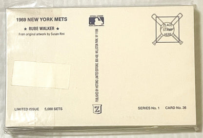Back of vintage 1969 New York Mets postcard featuring Rube Walker artwork, cream-colored card with official MLB logo and stam