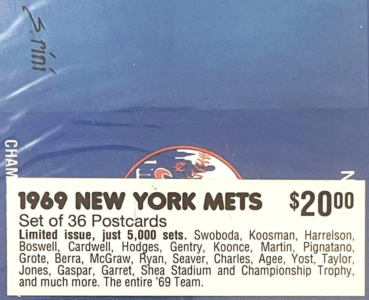 Vintage 1969 New York Mets postcard set package showing red Mets logo on blue background with price label reading "$20.00" an