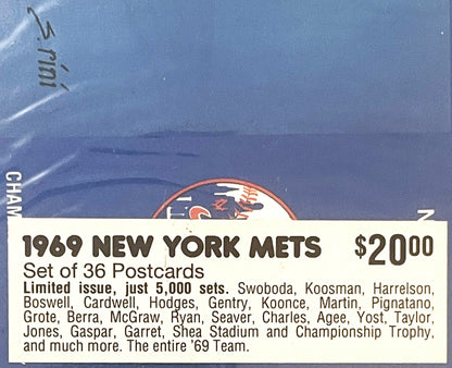 Vintage 1969 New York Mets postcard set package showing red Mets logo on blue background with price label reading "$20.00" an