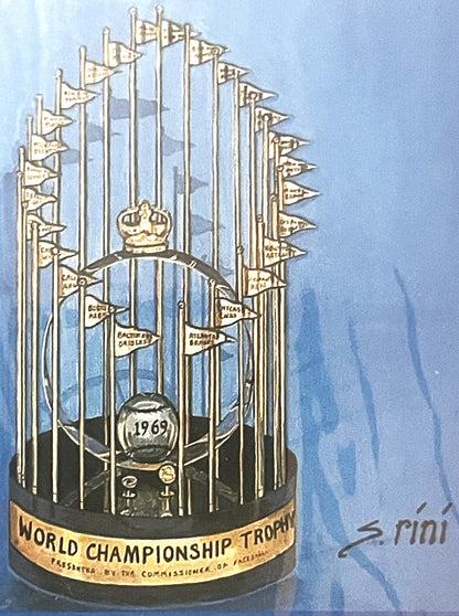 Gold and silver World Championship Trophy with 1969 date, crown top, and flags, on blue background with "S Pioni" signature v