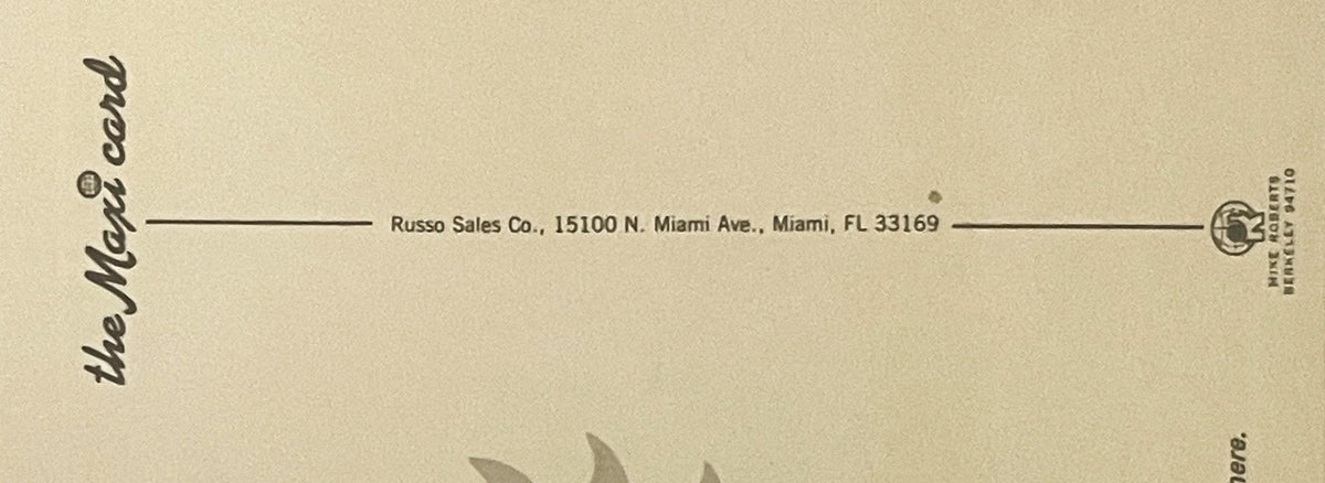 Close-up of vintage postcard header showing "the Palms" logo and "Russo Sales Co., 15100 N. Miami Ave., Miami, FL 33169" addr