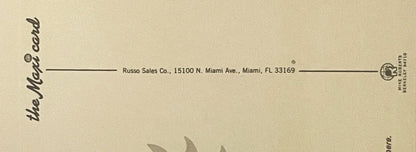 Close-up of vintage postcard header showing "the Palms" logo and "Russo Sales Co., 15100 N. Miami Ave., Miami, FL 33169" addr