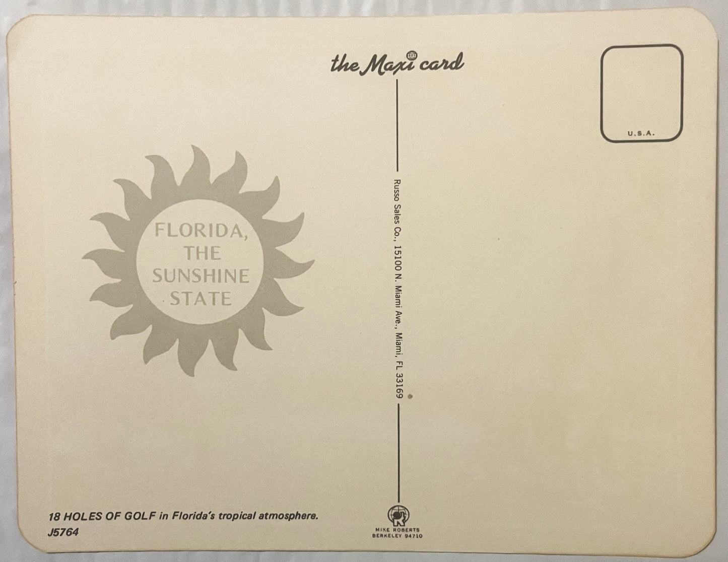 Back of vintage Florida postcard featuring sun logo, "Sunshine State" text, publisher info, and golf course details in sepia 