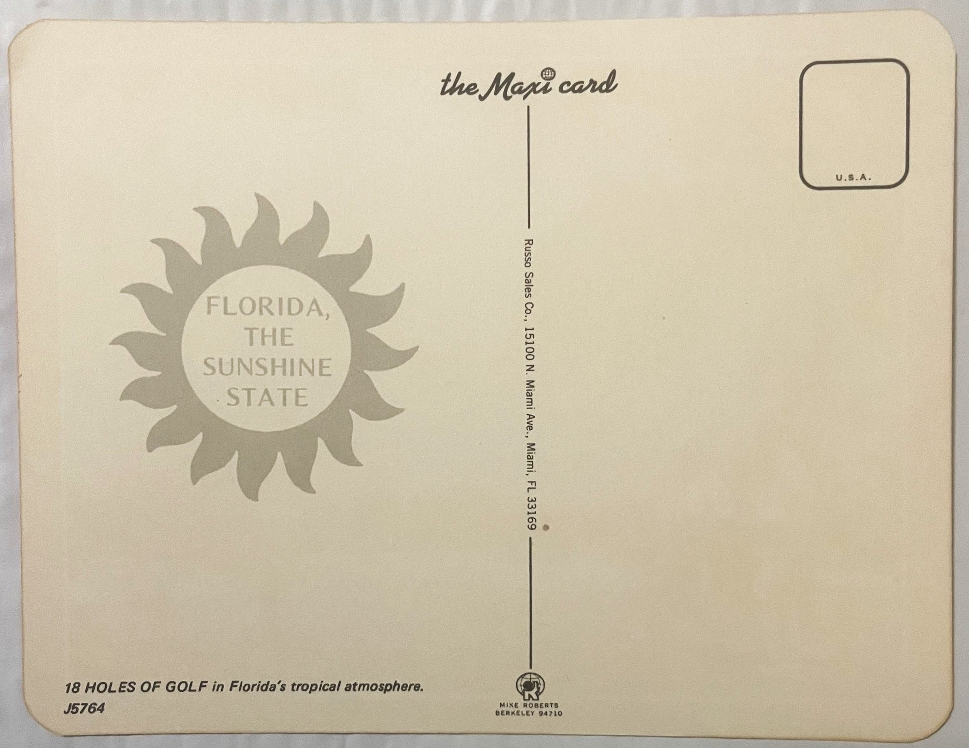 Back of vintage Florida postcard featuring sun logo, "Sunshine State" text, publisher info, and golf course details in sepia 