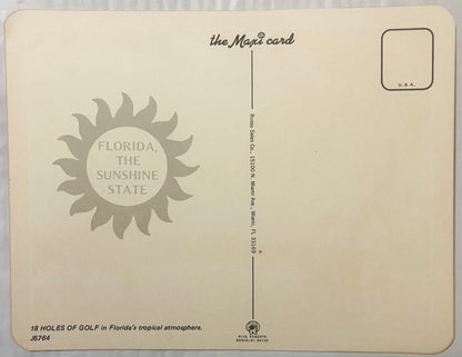 Back of vintage Florida postcard featuring sun logo, "Sunshine State" text, publisher info, and golf course details in sepia 