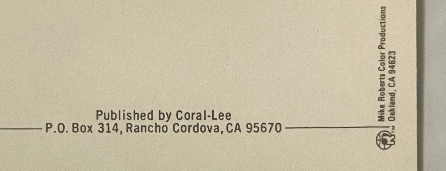 Close-up of postcard back showing publisher imprint "Coral-Lee, P.O. Box 314, Rancho Cordova, CA 95670" and credit line for M