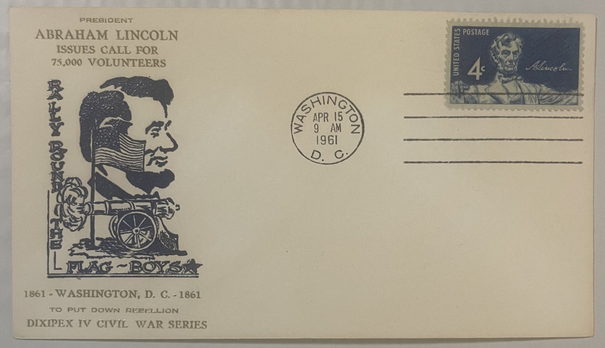 Cream-colored envelope with Lincoln profile illustration, postmark dated April 15, 1961, and 4-cent Lincoln stamp, commemorat