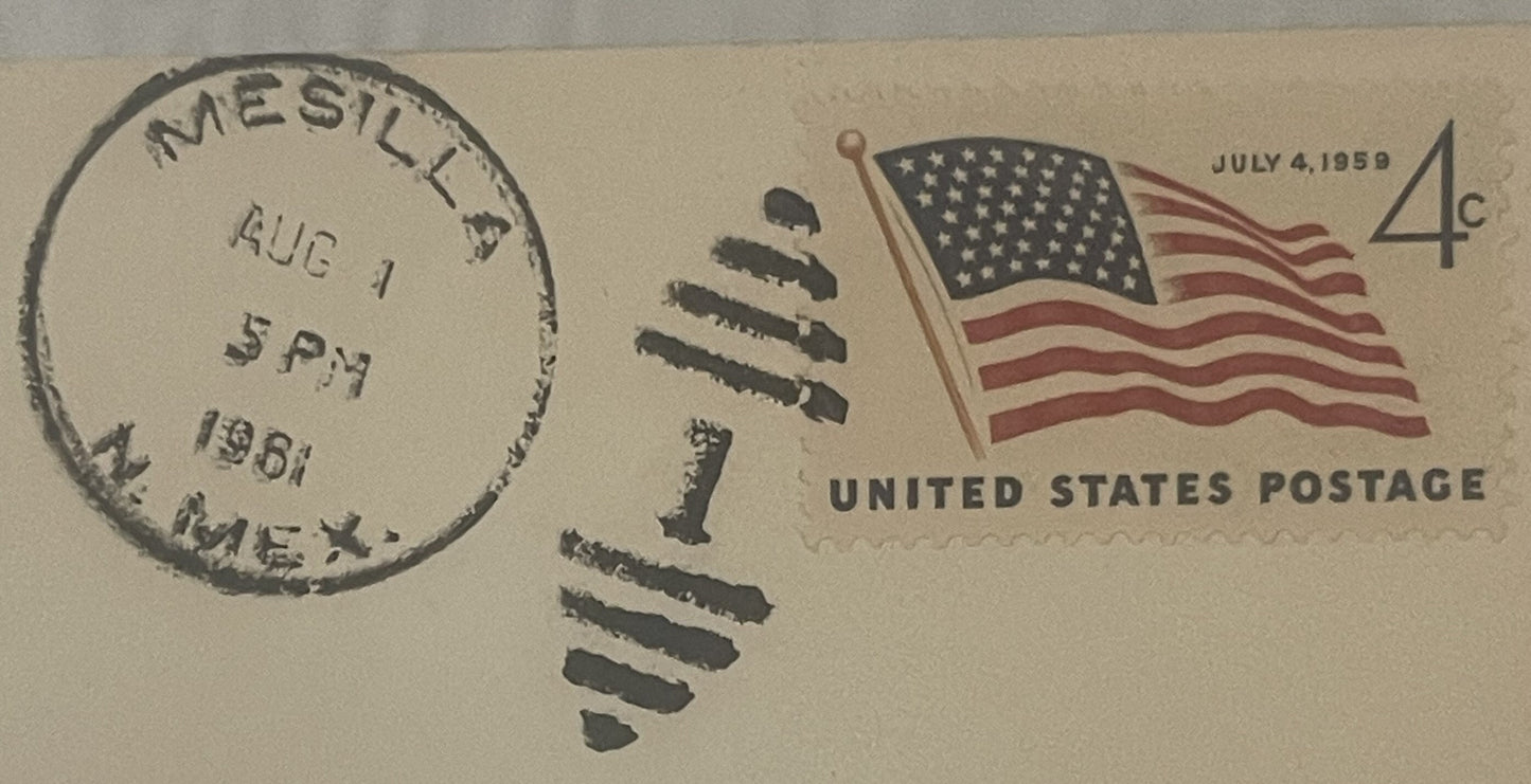 Vintage US postage envelope with American flag stamp dated July 4, 1959, postmarked Mesilla, New Mexico, August 1, 1961, feat