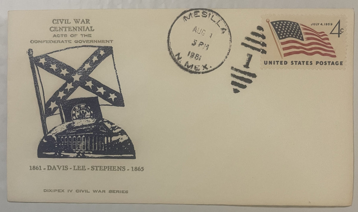 Cream-colored 1961 Civil War Centennial envelope with Confederate flag, cannon, and Union flag stamp, postmarked Mesilla, New