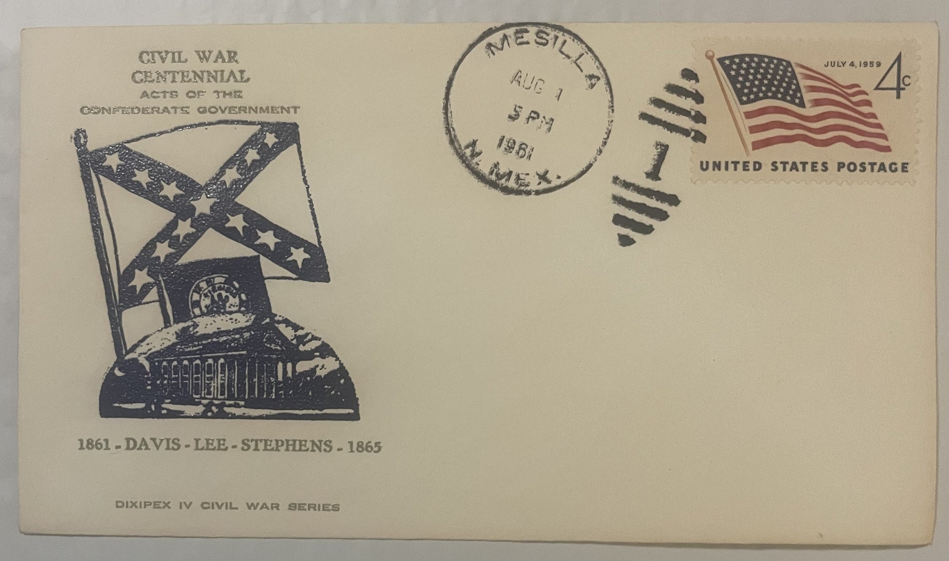 Cream-colored 1961 Civil War Centennial envelope with Confederate flag, cannon, and Union flag stamp, postmarked Mesilla, New