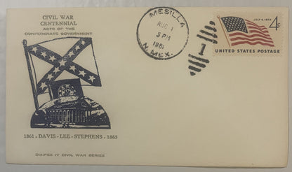 Cream-colored 1961 Civil War Centennial envelope with Confederate flag, cannon, and Union flag stamp, postmarked Mesilla, New