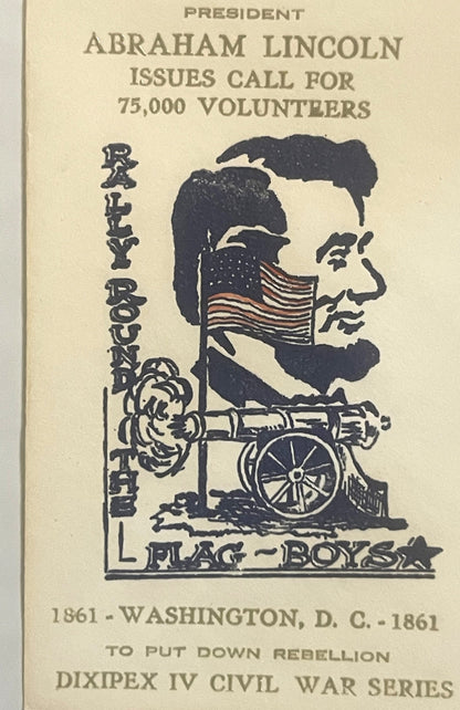 Cream-colored envelope with black embossed illustration of Lincoln's profile, American flag, and cannon, with text reading "P