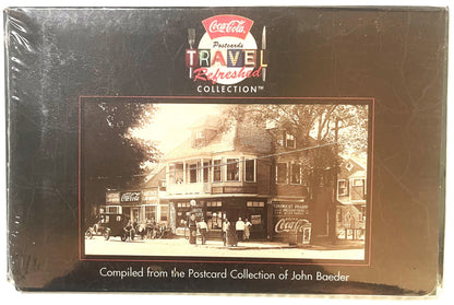 Sealed Coca-Cola "Travel Refreshed" postcard collection box featuring vintage sepia-toned storefront image with Coca-Cola sig