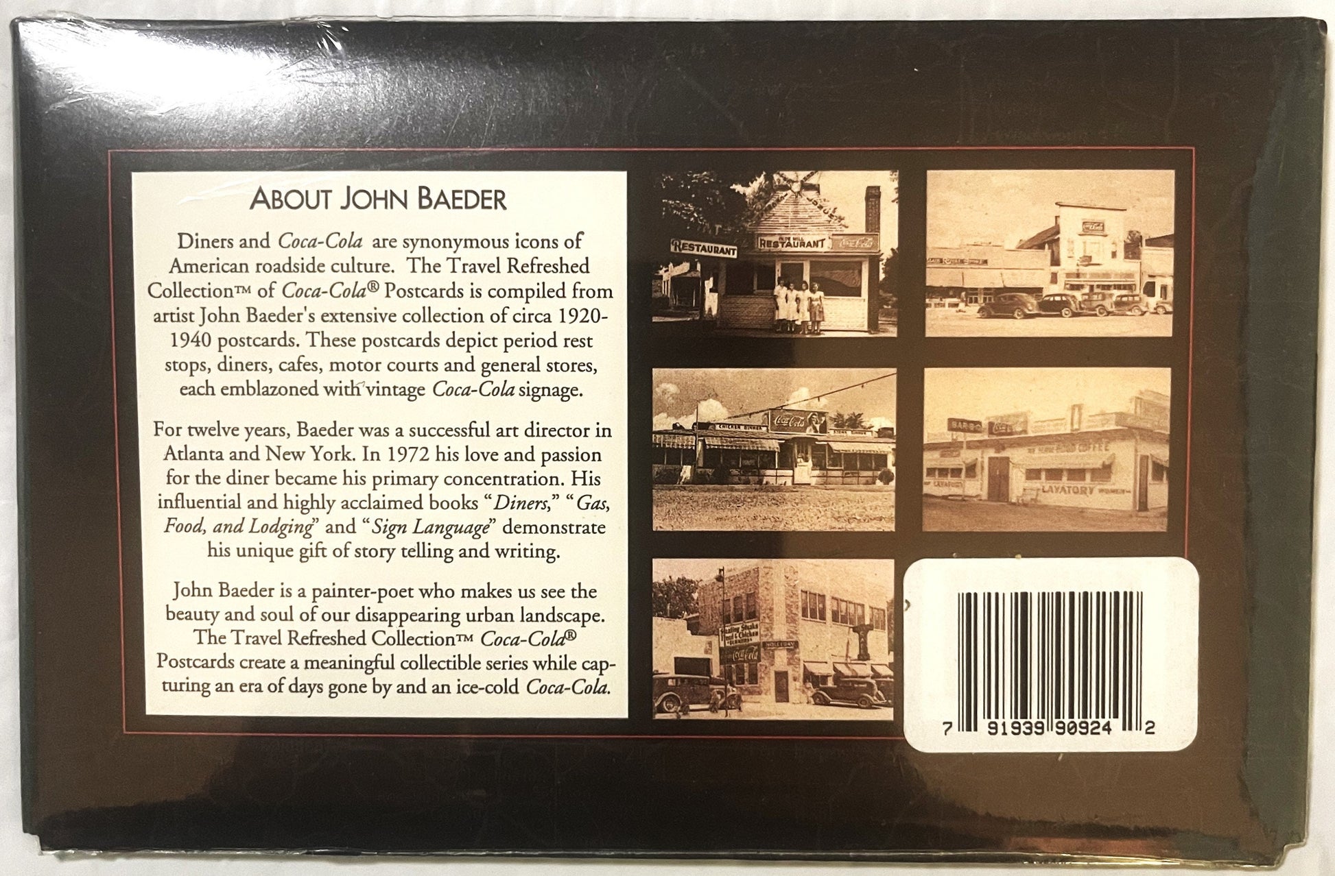 Back of unopened Coca-Cola postcard set box showing biographical text about artist John Baeder, five vintage sepia-toned dine