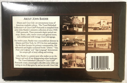 Back of unopened Coca-Cola postcard set box showing biographical text about artist John Baeder, five vintage sepia-toned dine