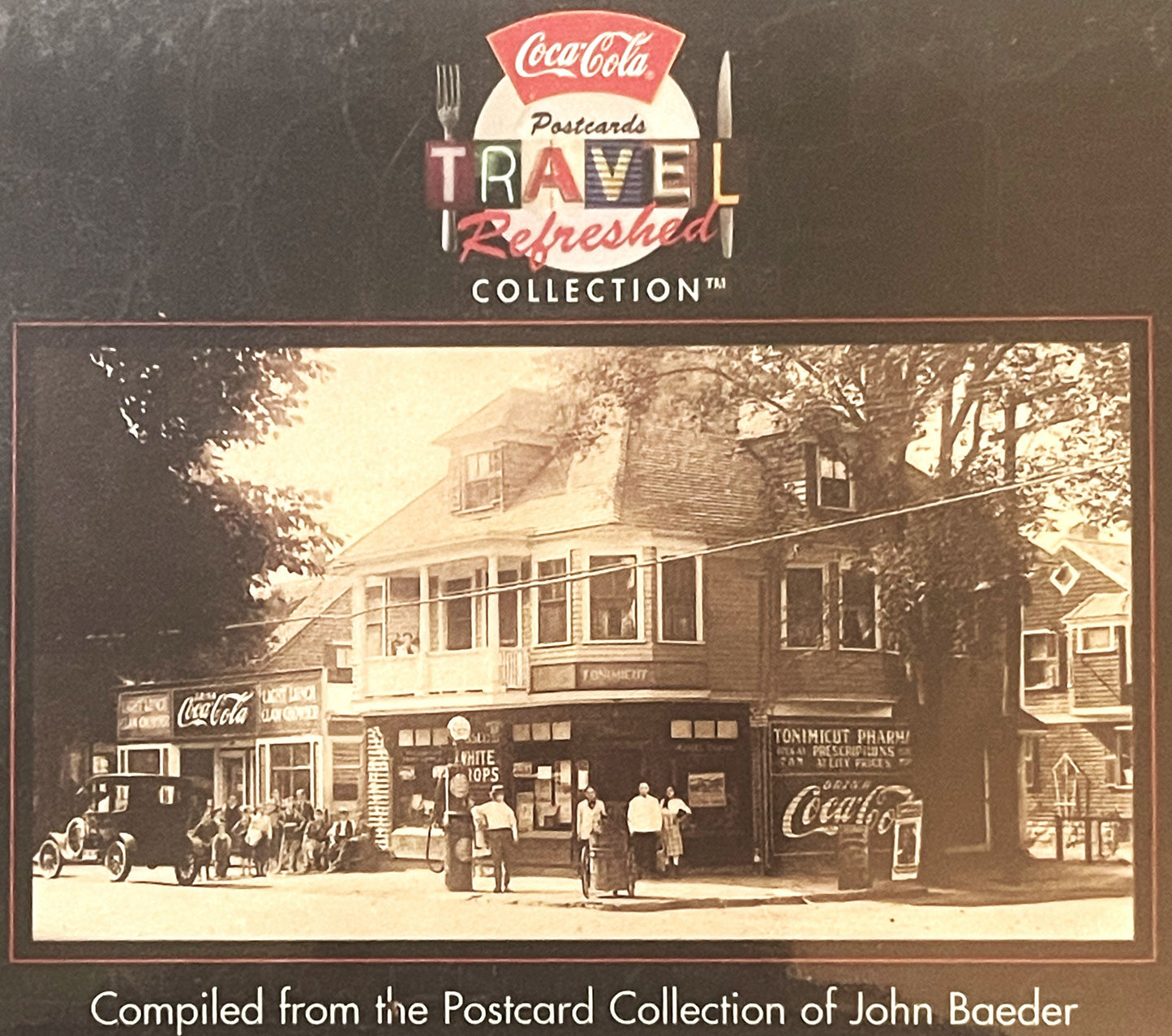 Sealed 1990s Coca-Cola "Travel Refreshed" postcard set box featuring vintage sepia-toned street scene with storefronts, pedes
