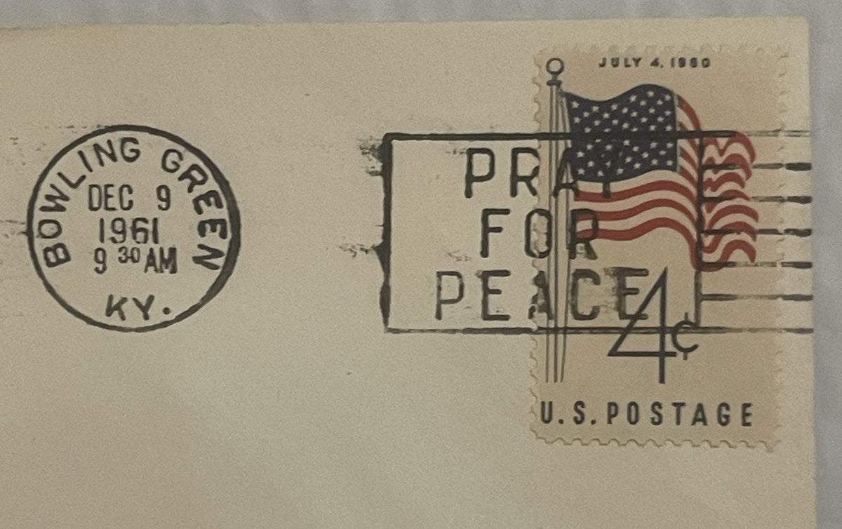 Cream envelope with July 4, 1950 stamp featuring American flag, "Peace" postmark, and Bowling Green KY cancellation dated Dec