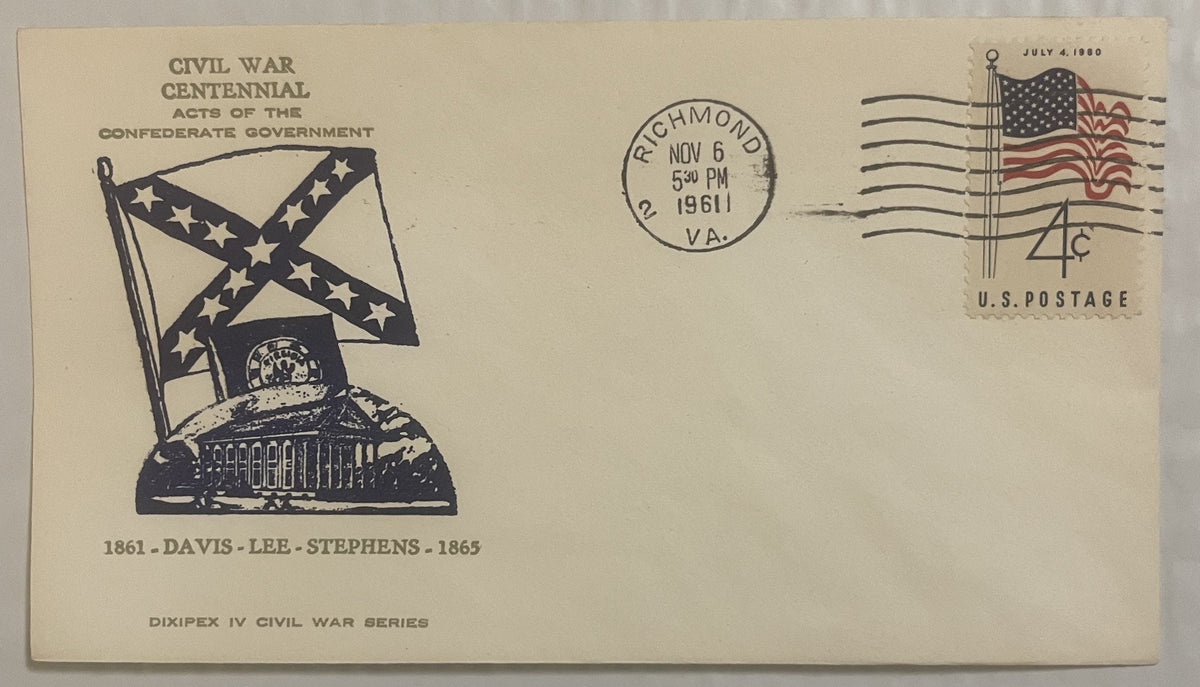 Cream-colored 1961 Civil War Centennial envelope with Confederate flag and Capitol building design, Richmond VA postmark, 4-c